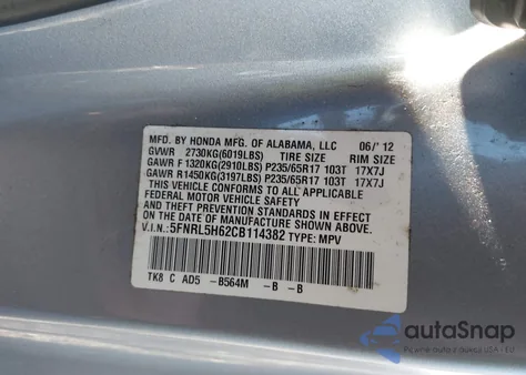 2012 Honda Odyssey Ex-L from USA, damaged, VIN 5FNRL5H62CB114382